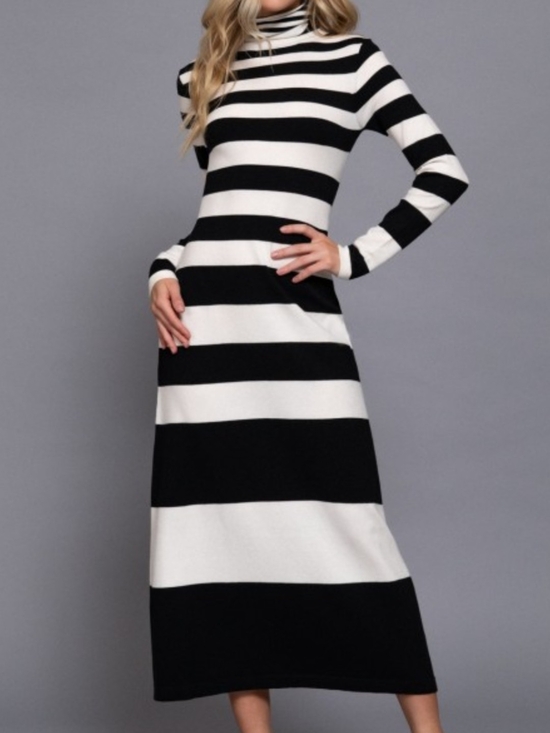 Active Basic Dresses & Skirts - Striped Turtleneck Rugby Style Viscose Sweater Maxi Dress - Black & Cream